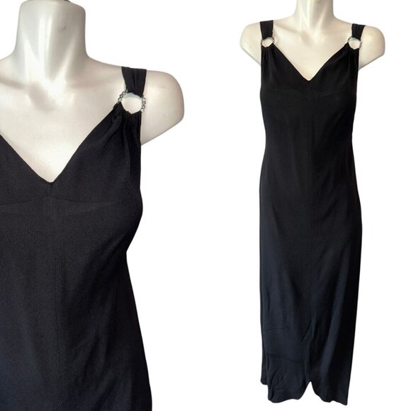 Vtg 1940s Black Crepe Rayon Rhinestone Accent Slip Dress Womens Size Medium - Picture 1 of 9